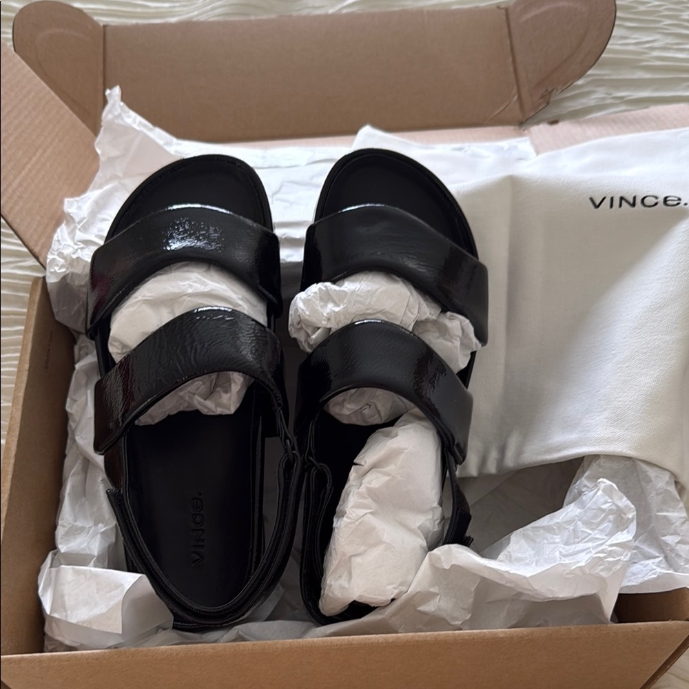 Vince Shiny Black Strap Sandals